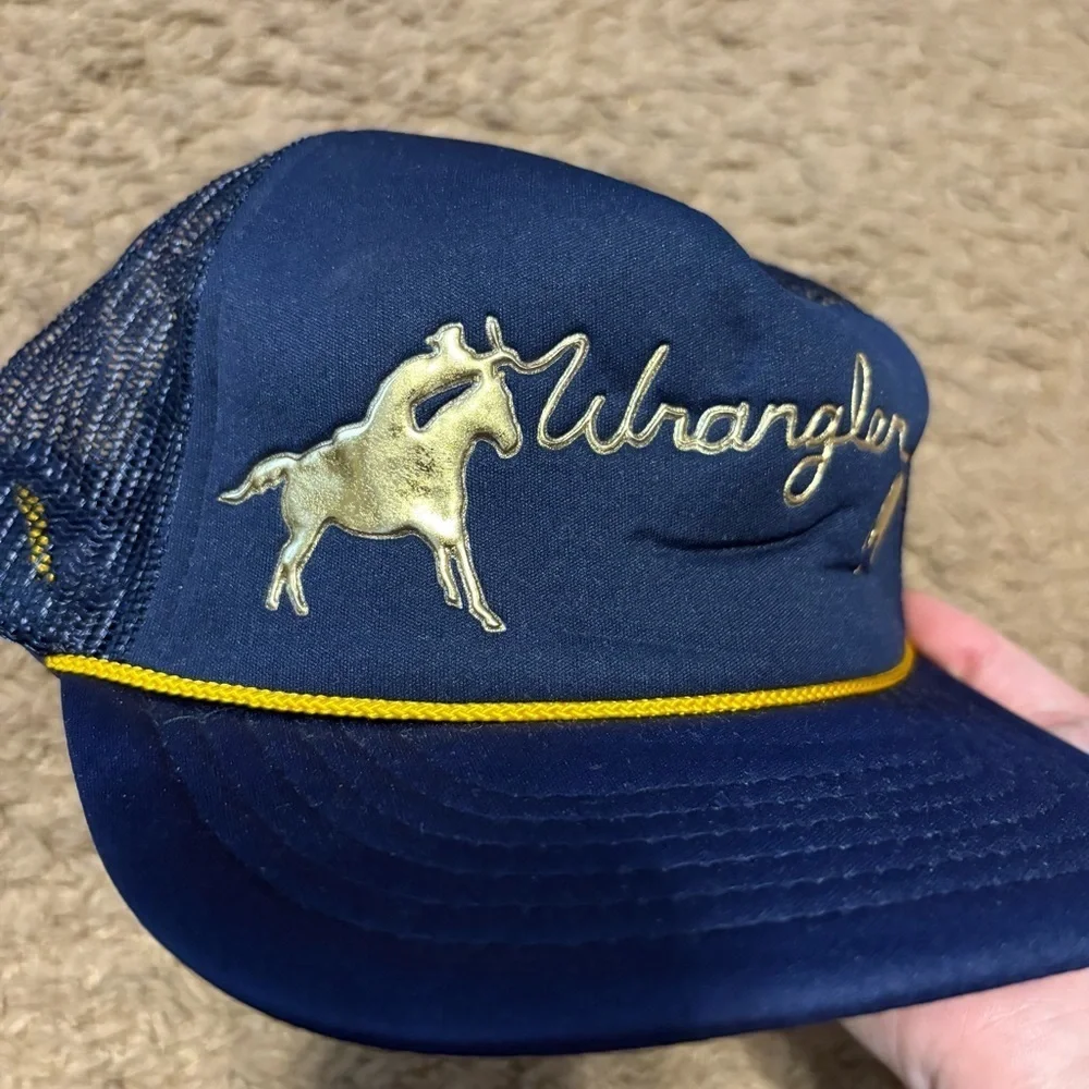 Vintage Wrangler Navy Gold Mesh Trucker Hat SnapBack Mesh Western Horse